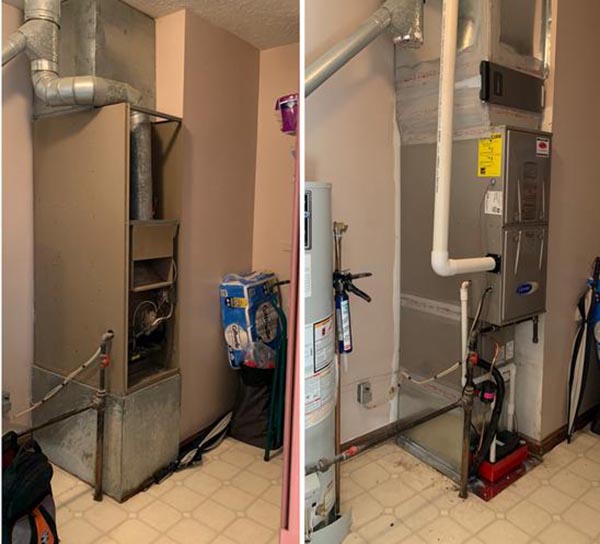 Two views of an indoor heating system during installation.
