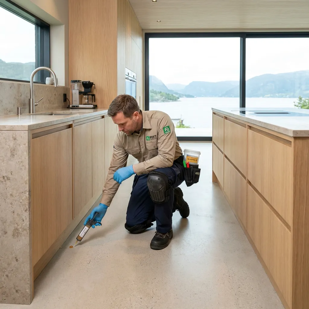Technician applying a targeted treatment along a kitchen floor edge.