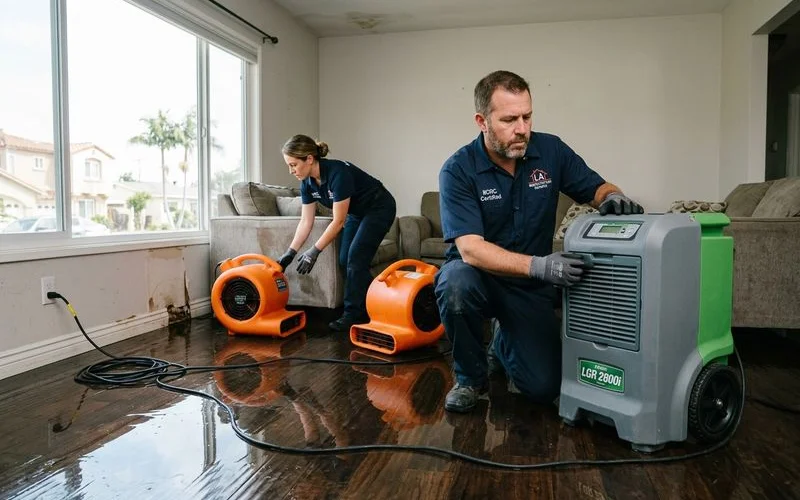 Air movers and a dehumidifier arranged in a living room for indoor drying.